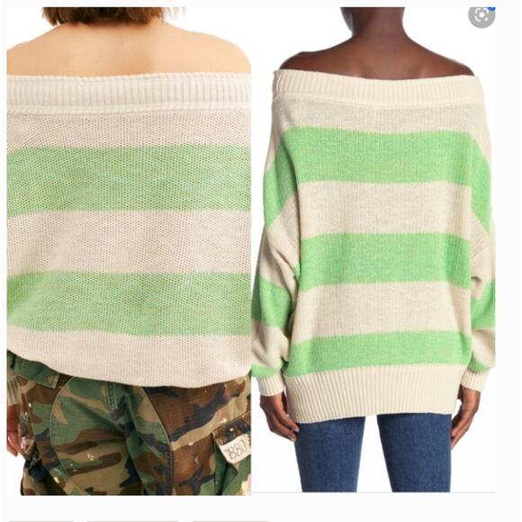 Free People Cassidy Off The Shoulder Striped Sweater In Wild Green NEW Small - Picture 2 of 12